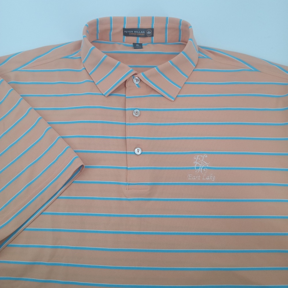 Peter Millar Summer Comfort Polo Shirt XL Peach Blue Stripe East Lake Golf Club